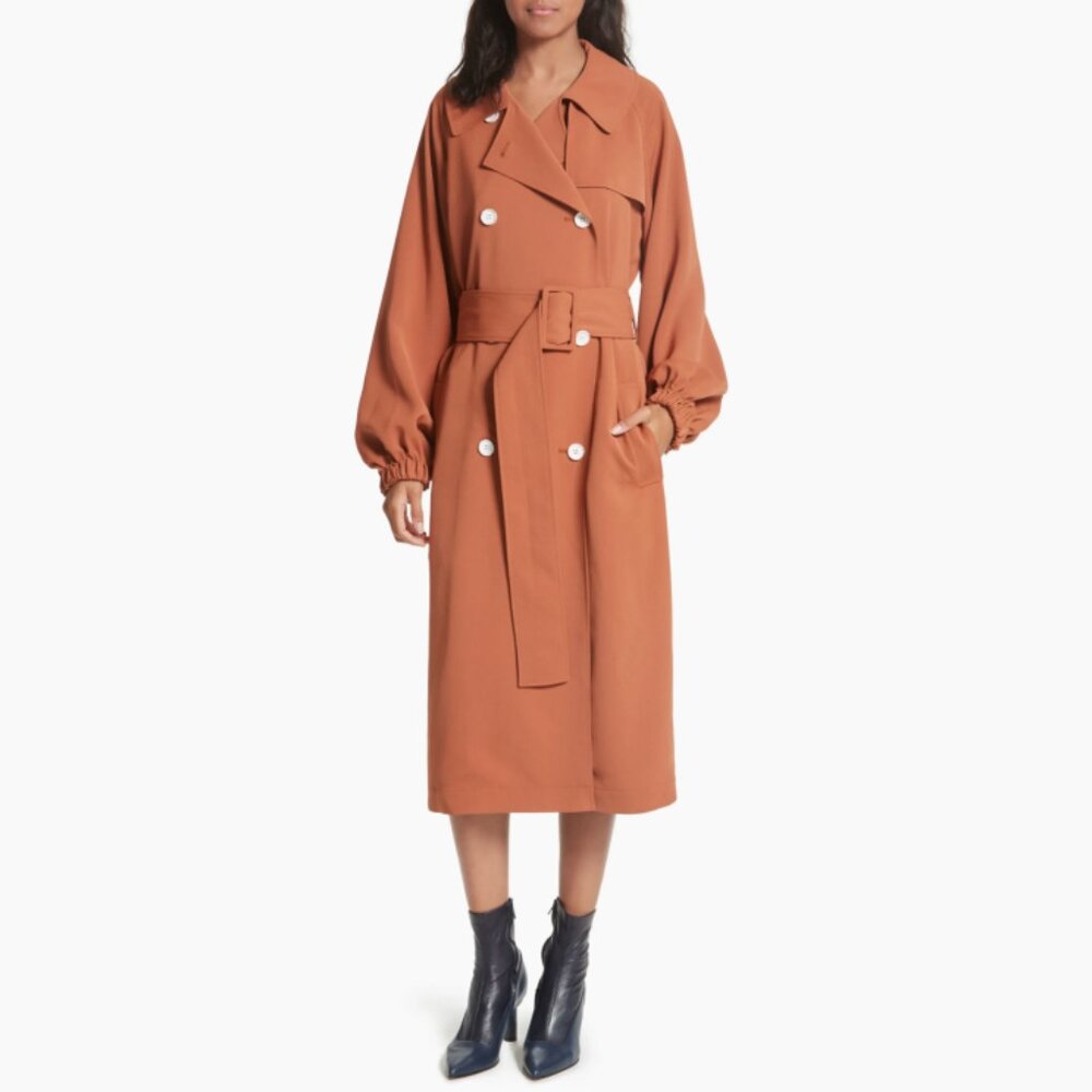 Tibi Draped Twill Balloon Sleeve Trench Coat in Rust | Size XS